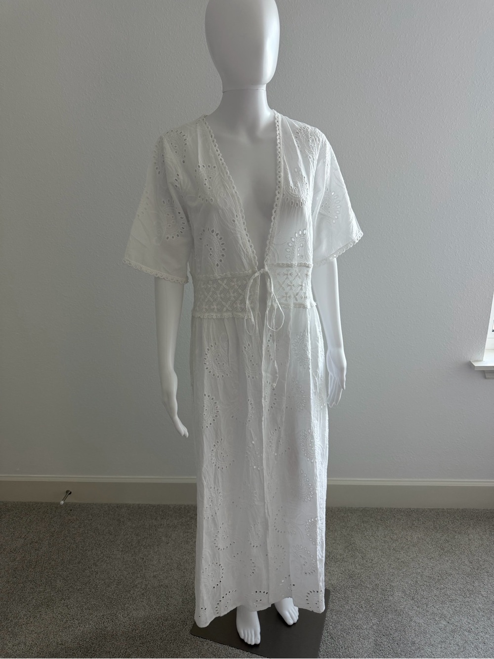 Luisa Perla Women’s White Eyelet Swim Coverup Maxi with Tie Waist